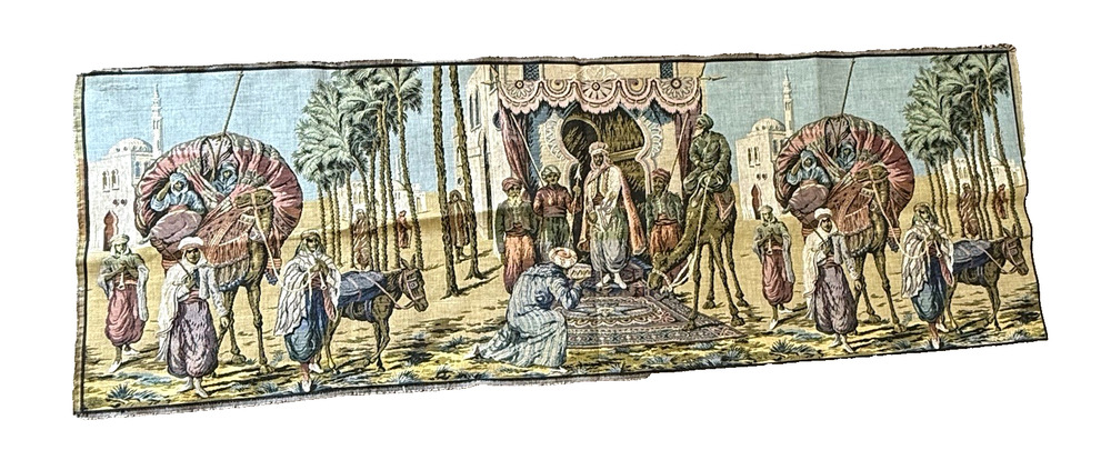Vintage Belgian Woven Tapestry Middle Eastern Caravan Scene Wall Hanging 56.5"